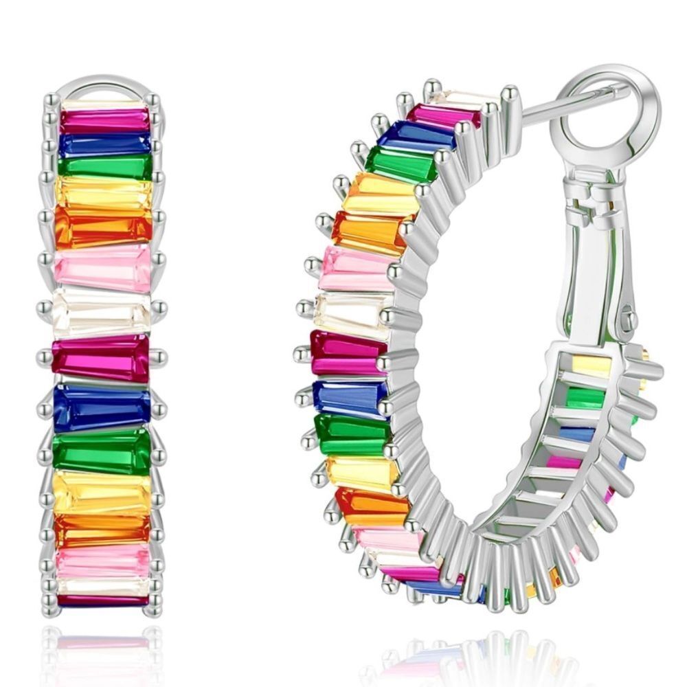 14K White Gold with Multicolored Cubic Zirconia Drop Hoop Leverback Earrings